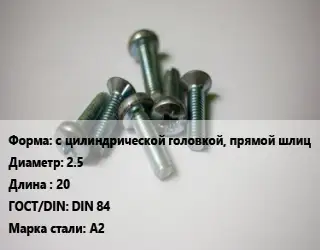 Винт с цилиндрической головкой, прямой шлиц 2.5х20 DIN 84 Сталь: A2